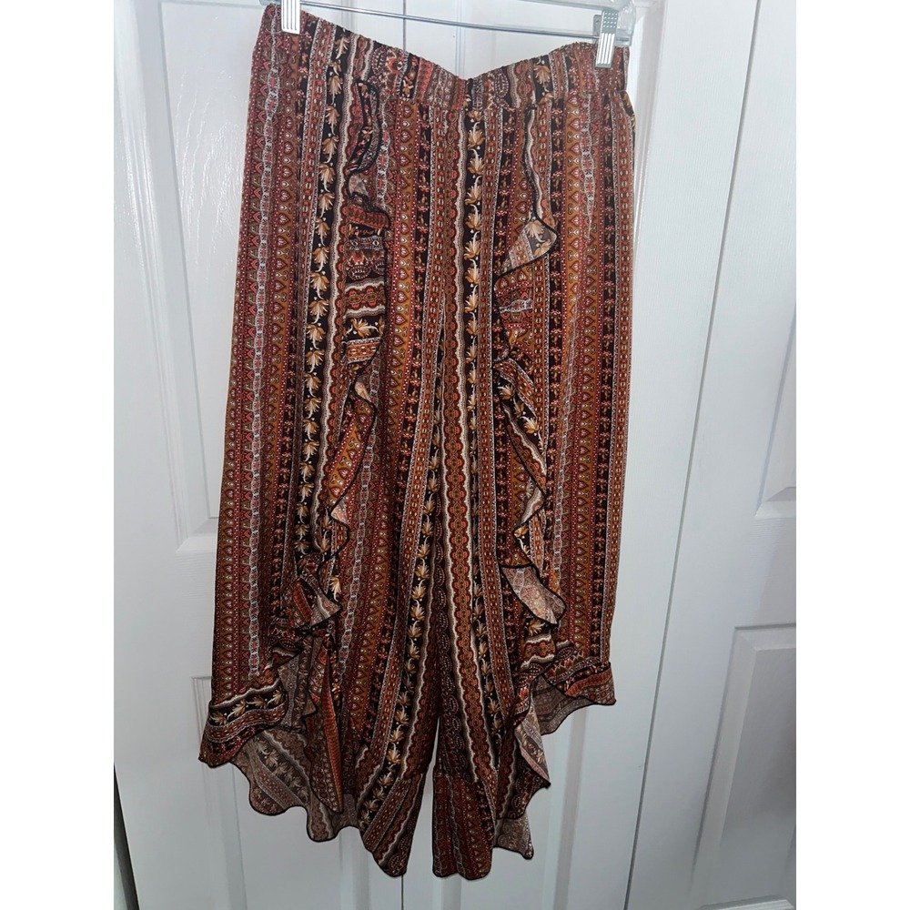 Wide Leg Ruffle Palazzo Pants in Rust Multi